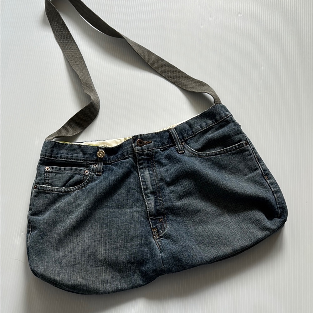 Up cycled Denim Shoulder Bag with Gray - Green Strap